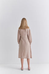 Beige Linen Wrap Midi Dress with Long Sleeves, Collared Neckline, and Waist Tie Detail