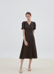 Button-Front Midi Linen Dress with V-Neckline and Tailored Waist for Elegant Feminine Style