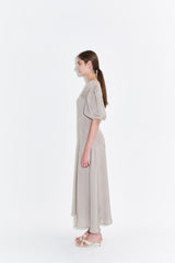 Silk Midi Dress for Women with Puff Sleeves and Scoop Neckline – Flared Hem and Elegant Fit