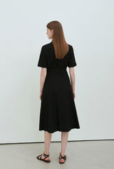 Black Linen Double-Breasted Midi Dress with Short Sleeves and Notch Lapel for Tailored Elegance
