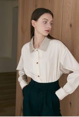 Minimalist Long-Sleeve Linen Shirt with Contrast Collar and Button Front for Elegant Styling