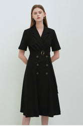 Black Linen Double-Breasted Midi Dress with Short Sleeves and Notch Lapel for Tailored Elegance