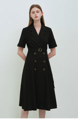 Black Linen Double-Breasted Midi Dress with Short Sleeves and Notch Lapel for Tailored Elegance