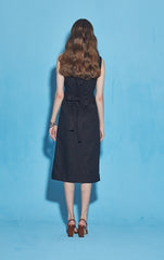 Sleeveless Button-Down Linen Midi Dress With V-Neckline And Adjustable Tie-Back Waist