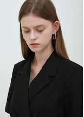 Black Linen Double-Breasted Midi Dress with Short Sleeves and Notch Lapel for Tailored Elegance