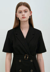 Black Linen Double-Breasted Midi Dress with Short Sleeves and Notch Lapel for Tailored Elegance