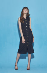 Sleeveless Button-Down Linen Midi Dress With V-Neckline And Adjustable Tie-Back Waist
