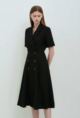 Black Linen Double-Breasted Midi Dress with Short Sleeves and Notch Lapel for Tailored Elegance