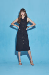 Sleeveless Button-Down Linen Midi Dress With V-Neckline And Adjustable Tie-Back Waist