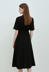 Black Linen Double-Breasted Midi Dress with Short Sleeves and Notch Lapel for Tailored Elegance