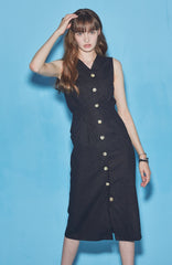 Sleeveless Button-Down Linen Midi Dress With V-Neckline And Adjustable Tie-Back Waist