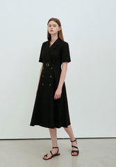 Black Linen Double-Breasted Midi Dress with Short Sleeves and Notch Lapel for Tailored Elegance
