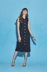 Sleeveless Button-Down Linen Midi Dress With V-Neckline And Adjustable Tie-Back Waist