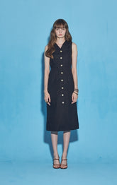 Sleeveless Button-Down Linen Midi Dress With V-Neckline And Adjustable Tie-Back Waist