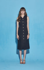 Sleeveless Button-Down Linen Midi Dress With V-Neckline And Adjustable Tie-Back Waist