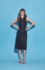 Sleeveless Button-Down Linen Midi Dress With V-Neckline And Adjustable Tie-Back Waist