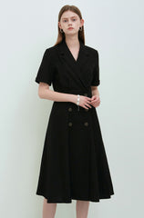Black Linen Double-Breasted Midi Dress with Short Sleeves and Notch Lapel for Tailored Elegance