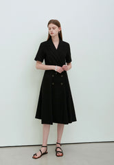 Black Linen Double-Breasted Midi Dress with Short Sleeves and Notch Lapel for Tailored Elegance