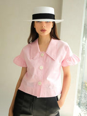 Short-Sleeve Linen Blouse With Oversized Collar And Ruffle Sleeve Hem