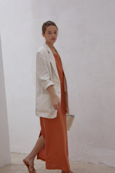 Sleeveless Linen Maxi Dress with Square Neckline and Back Slit for Warm Weather Styling