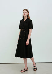 Black Linen Double-Breasted Midi Dress with Short Sleeves and Notch Lapel for Tailored Elegance