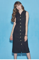 Sleeveless Button-Down Linen Midi Dress With V-Neckline And Adjustable Tie-Back Waist