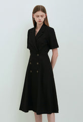Black Linen Double-Breasted Midi Dress with Short Sleeves and Notch Lapel for Tailored Elegance