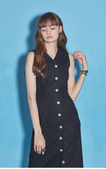 Sleeveless Button-Down Linen Midi Dress With V-Neckline And Adjustable Tie-Back Waist