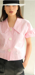 Short-Sleeve Linen Blouse With Oversized Collar And Ruffle Sleeve Hem