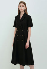 Black Linen Double-Breasted Midi Dress with Short Sleeves and Notch Lapel for Tailored Elegance