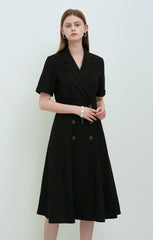Black Linen Double-Breasted Midi Dress with Short Sleeves and Notch Lapel for Tailored Elegance