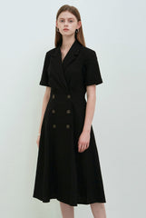 Black Linen Double-Breasted Midi Dress with Short Sleeves and Notch Lapel for Tailored Elegance