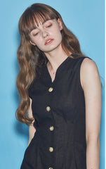 Sleeveless Button-Down Linen Midi Dress With V-Neckline And Adjustable Tie-Back Waist