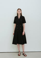 Black Linen Double-Breasted Midi Dress with Short Sleeves and Notch Lapel for Tailored Elegance