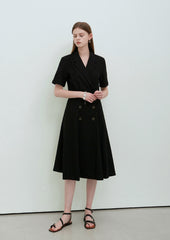 Black Linen Double-Breasted Midi Dress with Short Sleeves and Notch Lapel for Tailored Elegance