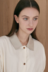 Minimalist Long-Sleeve Linen Shirt with Contrast Collar and Button Front for Elegant Styling
