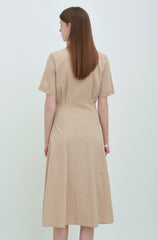 Beige Linen Double-Breasted Midi Dress with Notch Lapel and Short Sleeves for Refined Styling