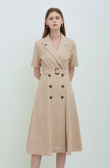 Beige Linen Double-Breasted Midi Dress with Notch Lapel and Short Sleeves for Refined Styling