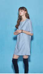 Relaxed-Fit Cotton Poplin Mini Dress With Short Sleeves And Round Gathered Neckline