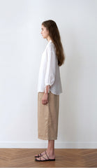 Long-Sleeve Button-Up Linen Blouse With Tie-Cuff Sleeves And Rounded Collar Detail