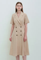Beige Linen Double-Breasted Midi Dress with Notch Lapel and Short Sleeves for Refined Styling