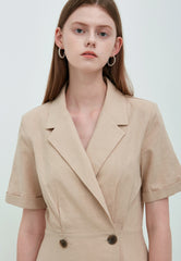 Beige Linen Double-Breasted Midi Dress with Notch Lapel and Short Sleeves for Refined Styling