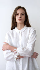 Long-Sleeve Button-Up Linen Blouse With Tie-Cuff Sleeves And Rounded Collar Detail
