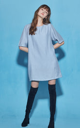 Relaxed-Fit Cotton Poplin Mini Dress With Short Sleeves And Round Gathered Neckline