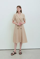 Beige Linen Double-Breasted Midi Dress with Notch Lapel and Short Sleeves for Refined Styling