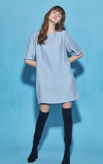Relaxed-Fit Cotton Poplin Mini Dress With Short Sleeves And Round Gathered Neckline