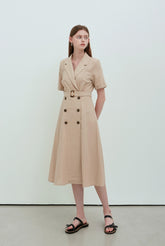 Beige Linen Double-Breasted Midi Dress with Notch Lapel and Short Sleeves for Refined Styling