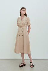 Beige Linen Double-Breasted Midi Dress with Notch Lapel and Short Sleeves for Refined Styling