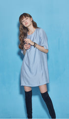 Relaxed-Fit Cotton Poplin Mini Dress With Short Sleeves And Round Gathered Neckline
