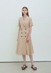 Beige Linen Double-Breasted Midi Dress with Notch Lapel and Short Sleeves for Refined Styling